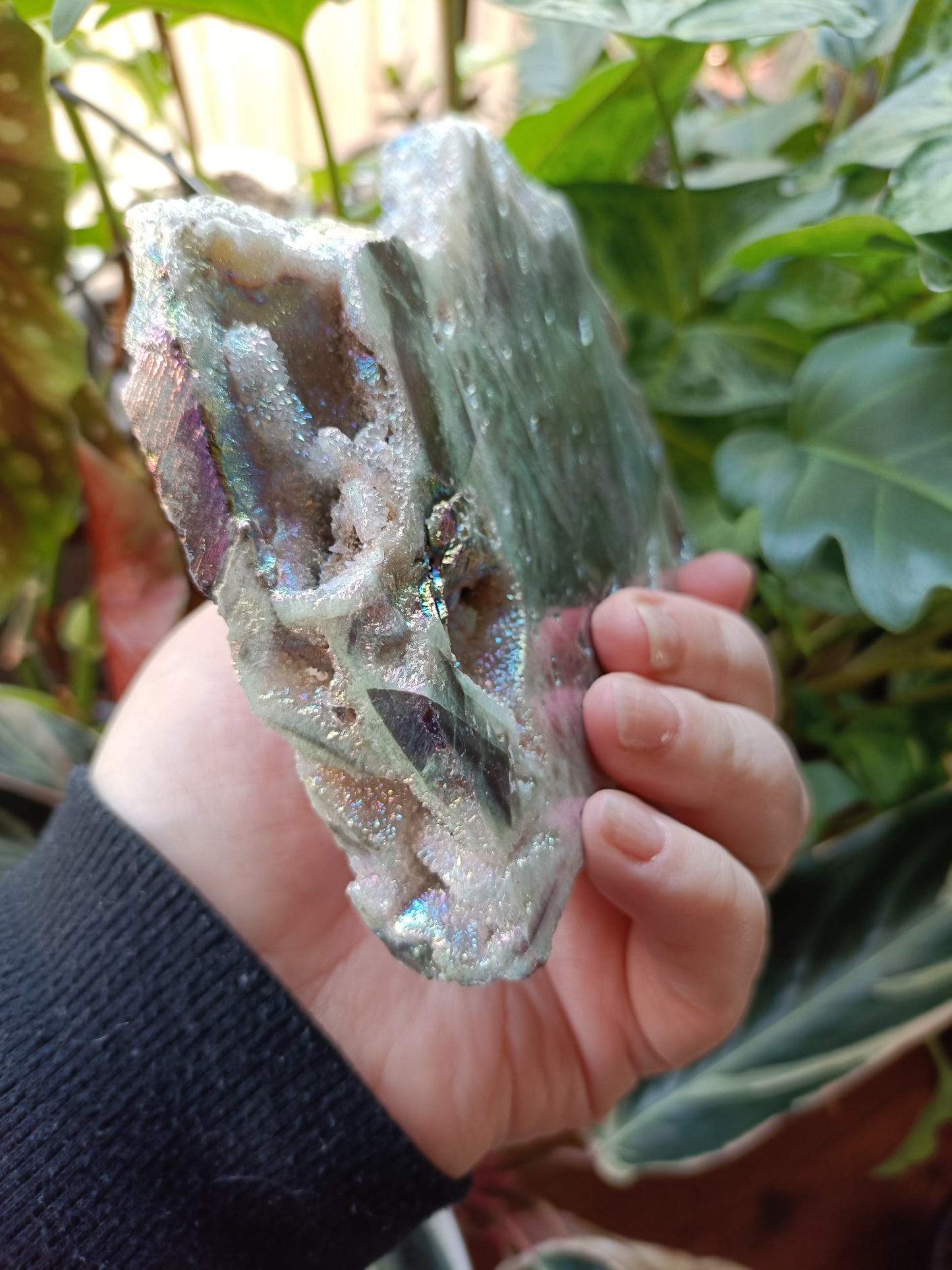 Aura Coated Brecciated Quartz Chalcedony Slab + Stand - 620g