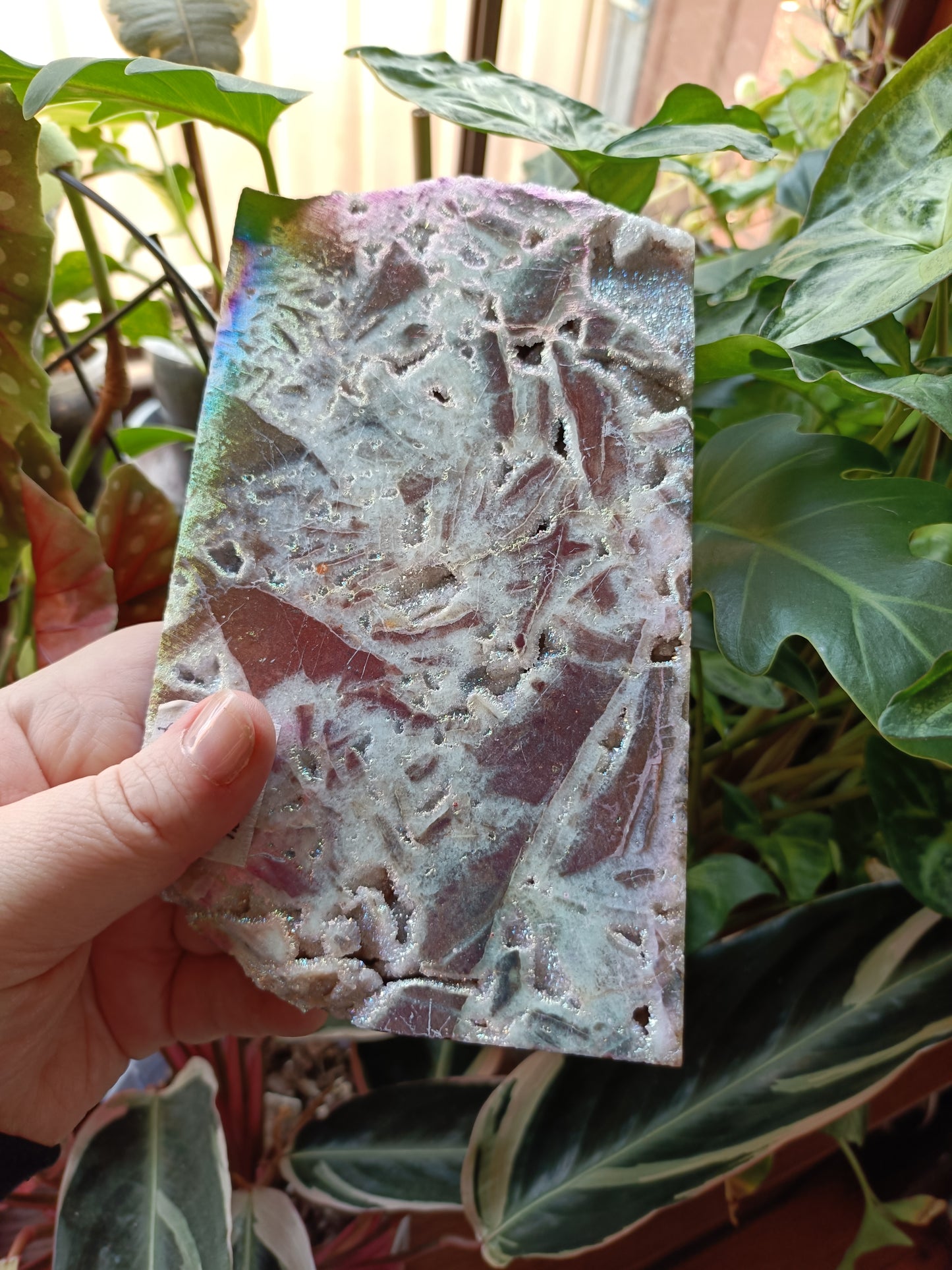 Aura Coated Brecciated Quartz Chalcedony Slab + Stand - 594g