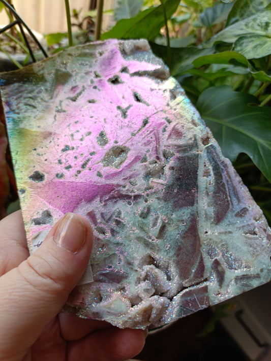 Aura Coated Brecciated Quartz Chalcedony Slab + Stand - 594g