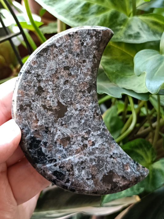 Sodalite & Syenite 'Emberlite/Yooperlite' Moon Carving + Silver Stand - 130-160g