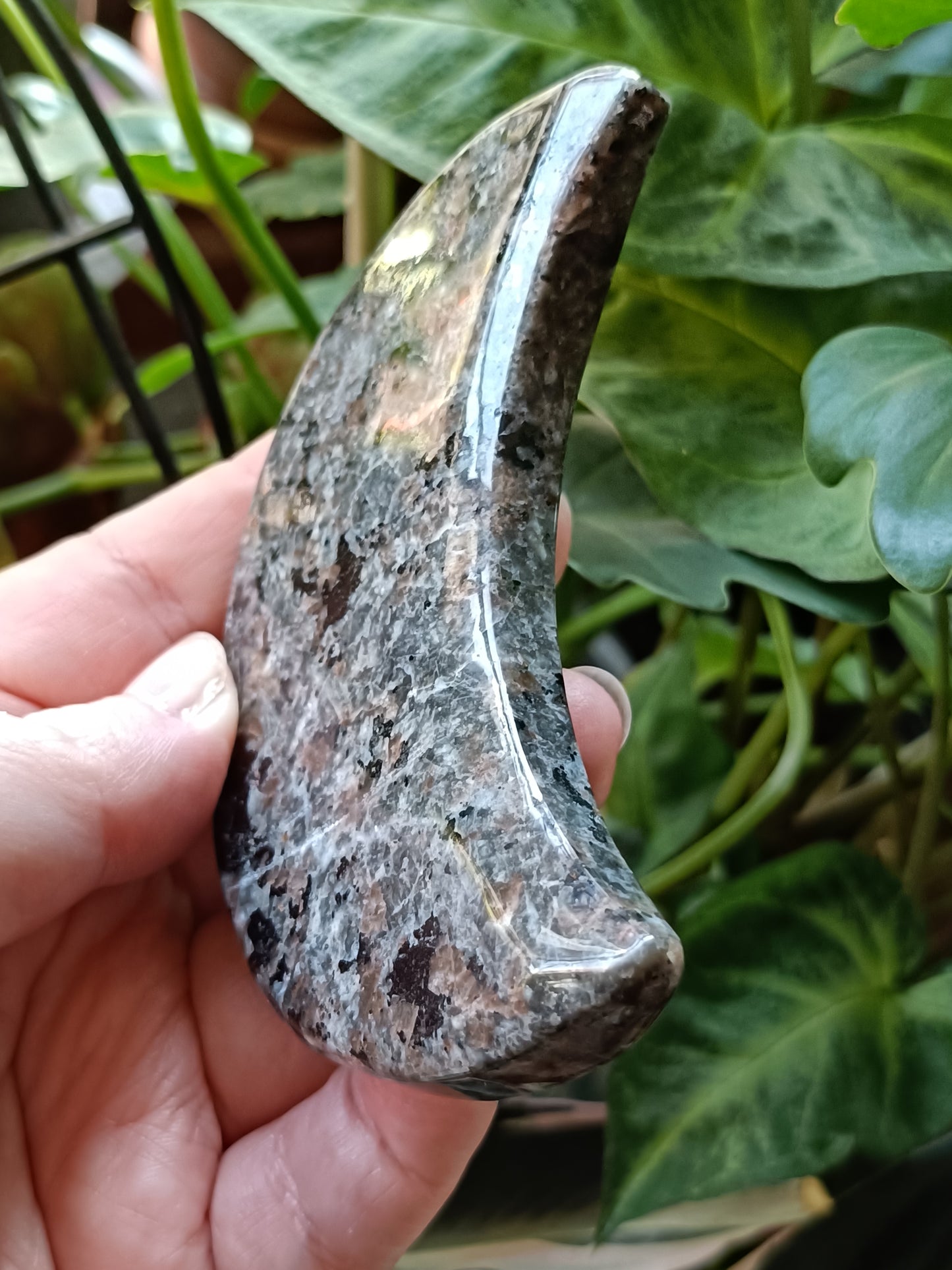 Sodalite & Syenite 'Emberlite/Yooperlite' Moon Carving + Silver Stand - 130-160g