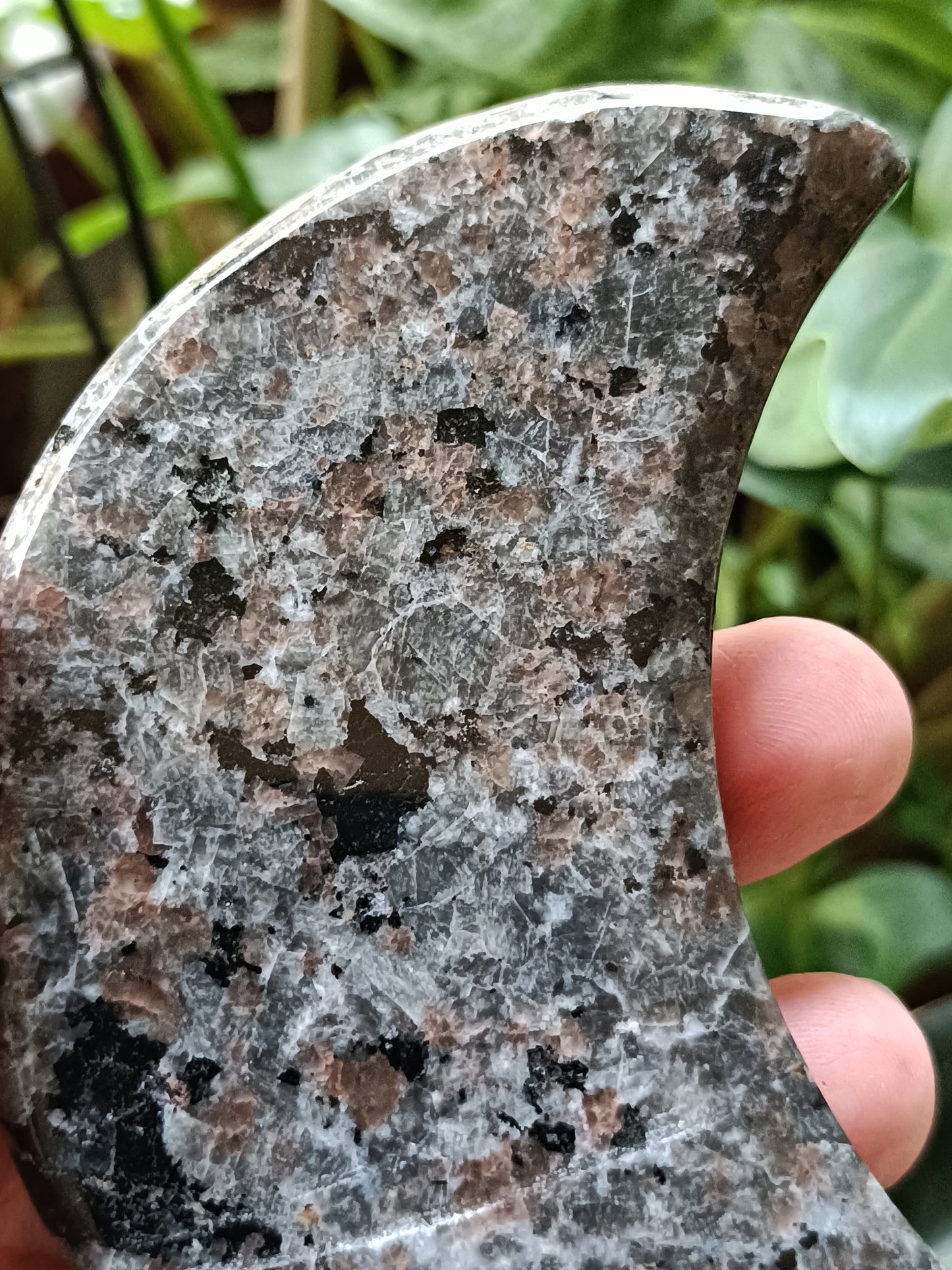 Sodalite & Syenite 'Emberlite/Yooperlite' Moon Carving + Silver Stand - 130-160g