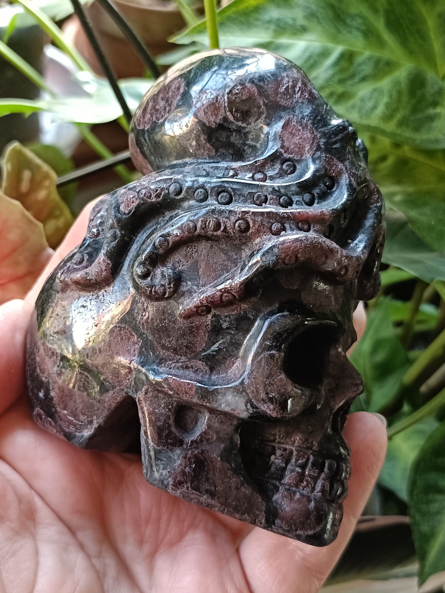 Garnet and Arfvedsonite Skull with Octopus - 740-800g