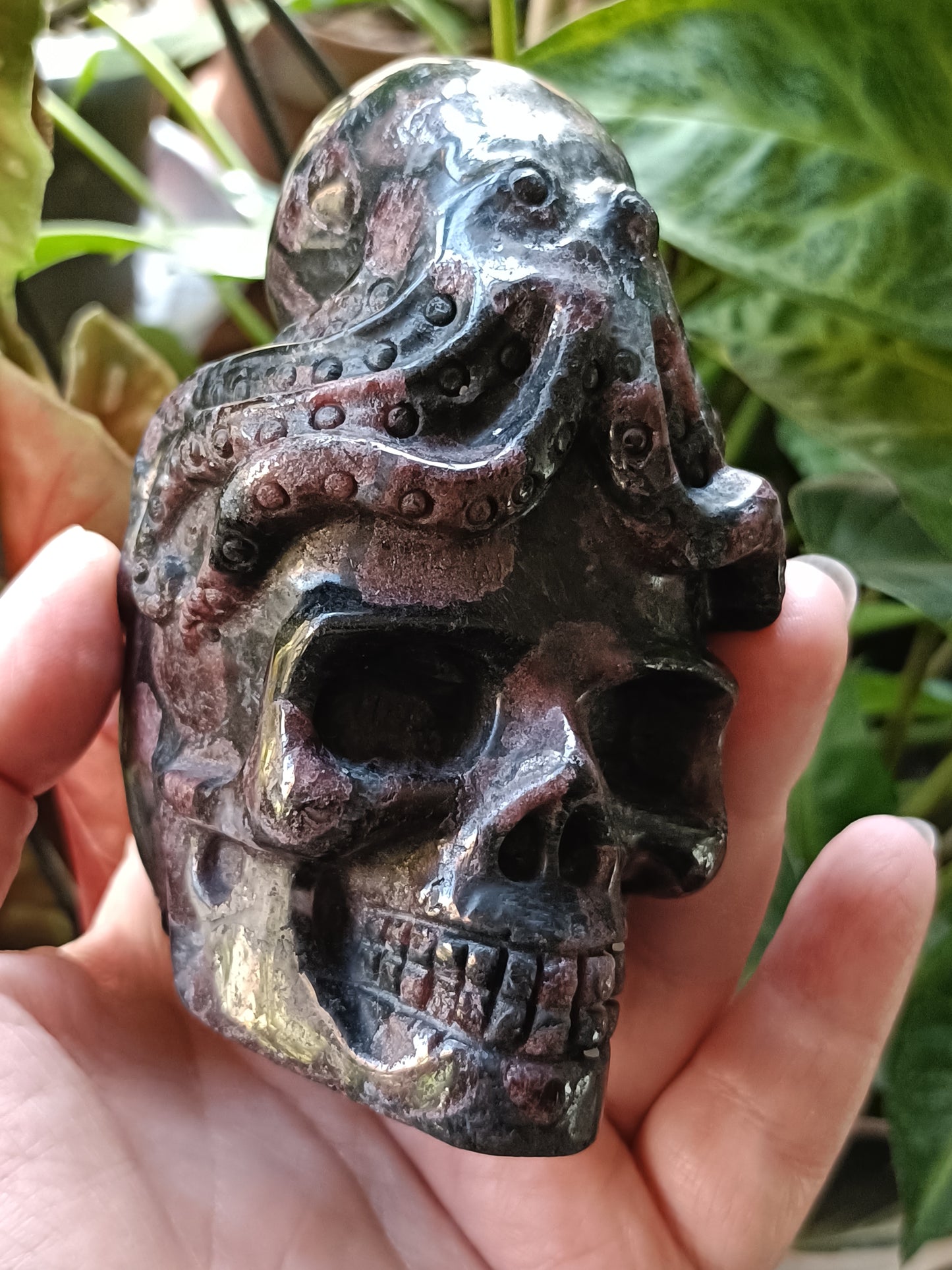 Garnet and Arfvedsonite Skull with Octopus - 740-800g