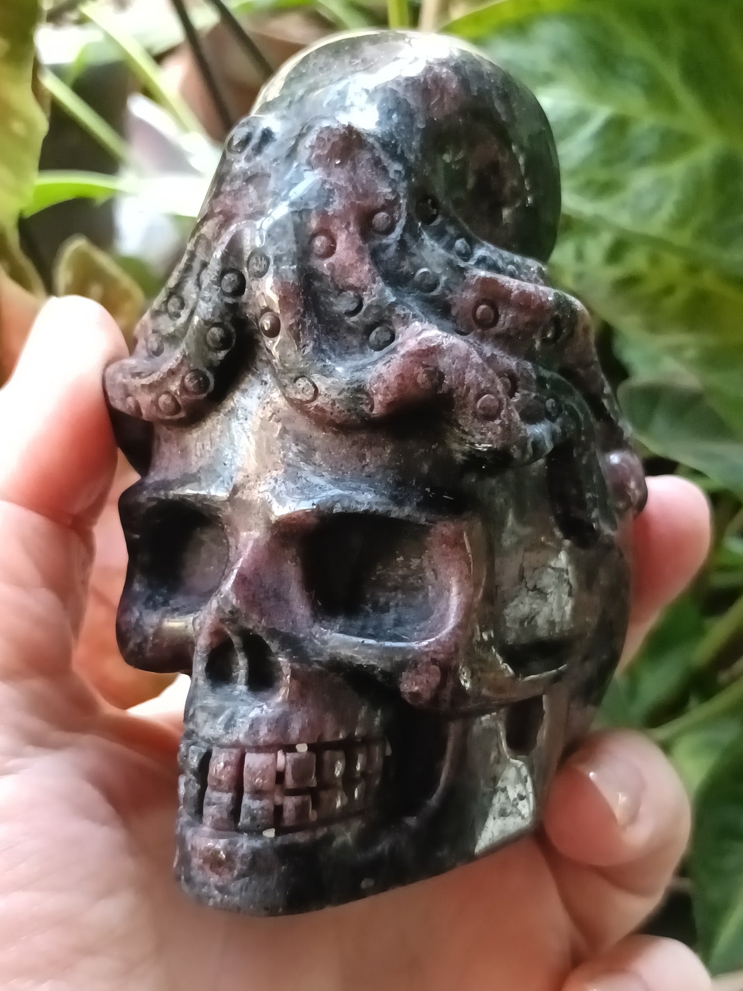 Garnet and Arfvedsonite Skull with Octopus - 740-800g