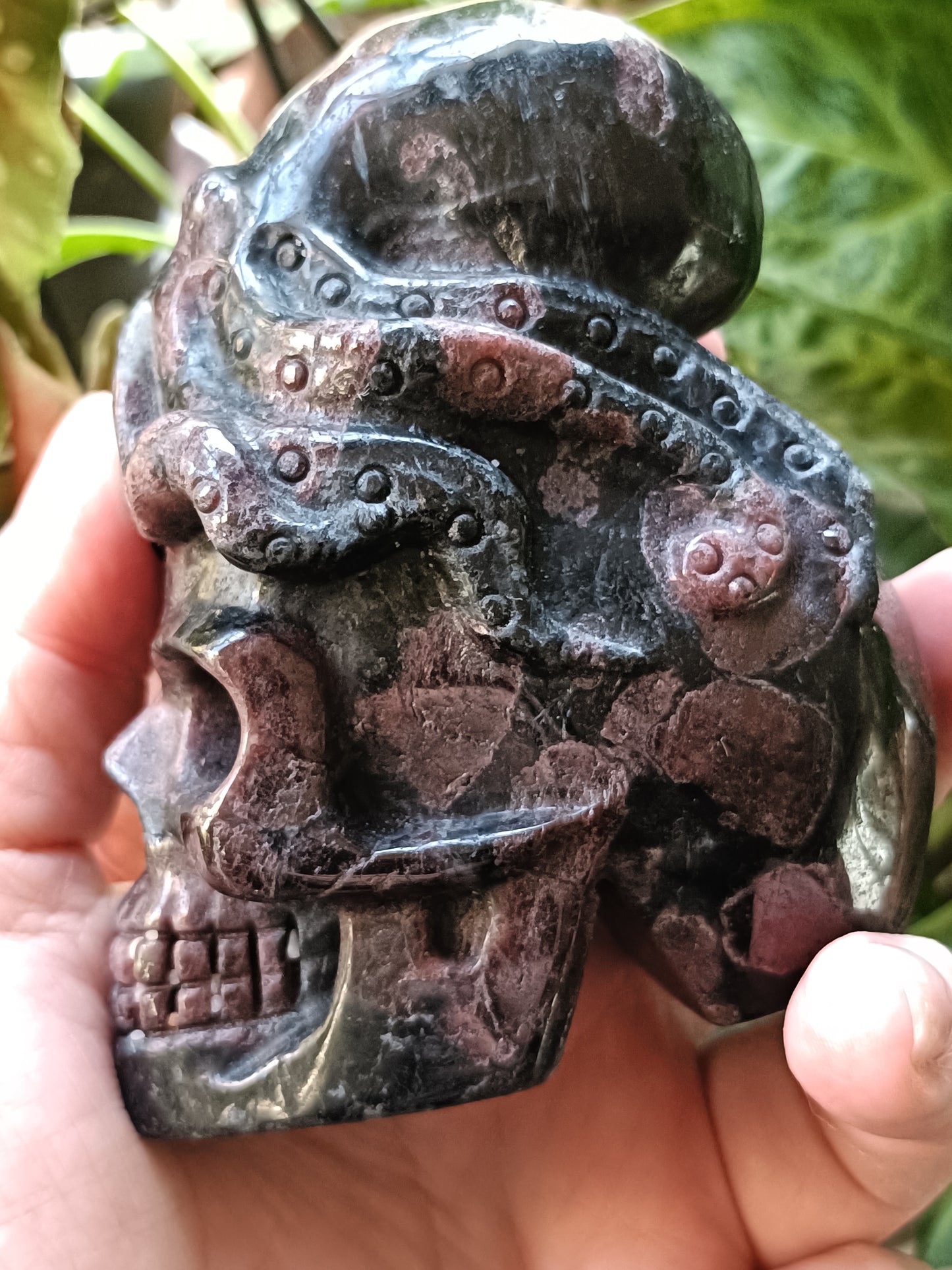 Garnet and Arfvedsonite Skull with Octopus - 740-800g