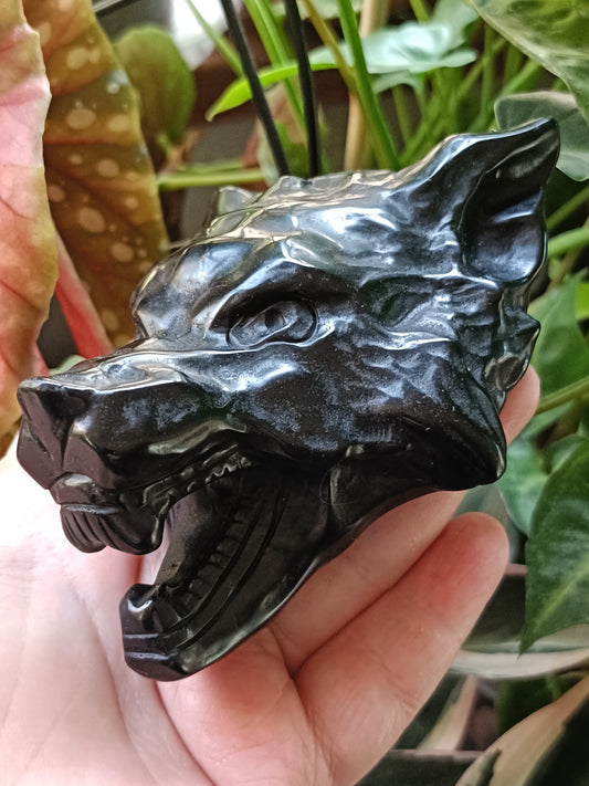 Black Obsidian Wolf Head Carving - 431g