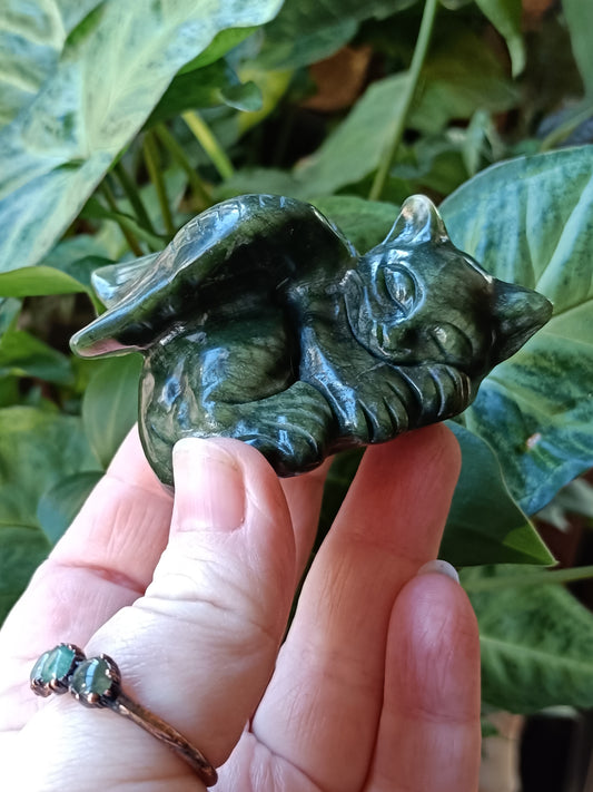 Green ' Serpentine' Jade Sleeping Angel Cat - 150-180g