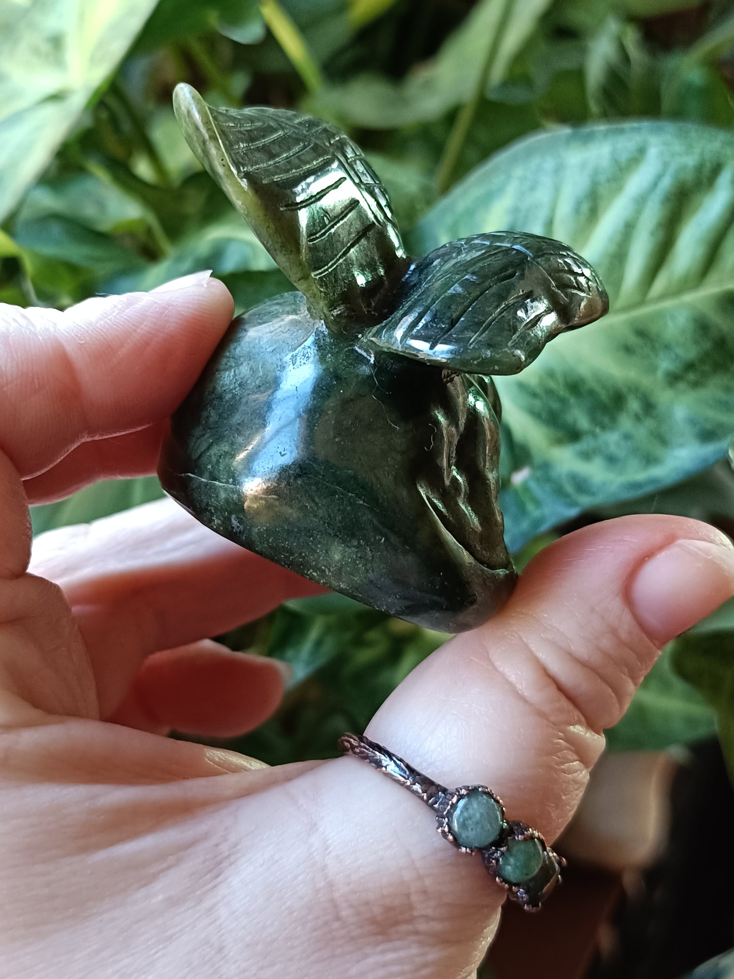 Green ' Serpentine' Jade Sleeping Angel Cat - 150-180g