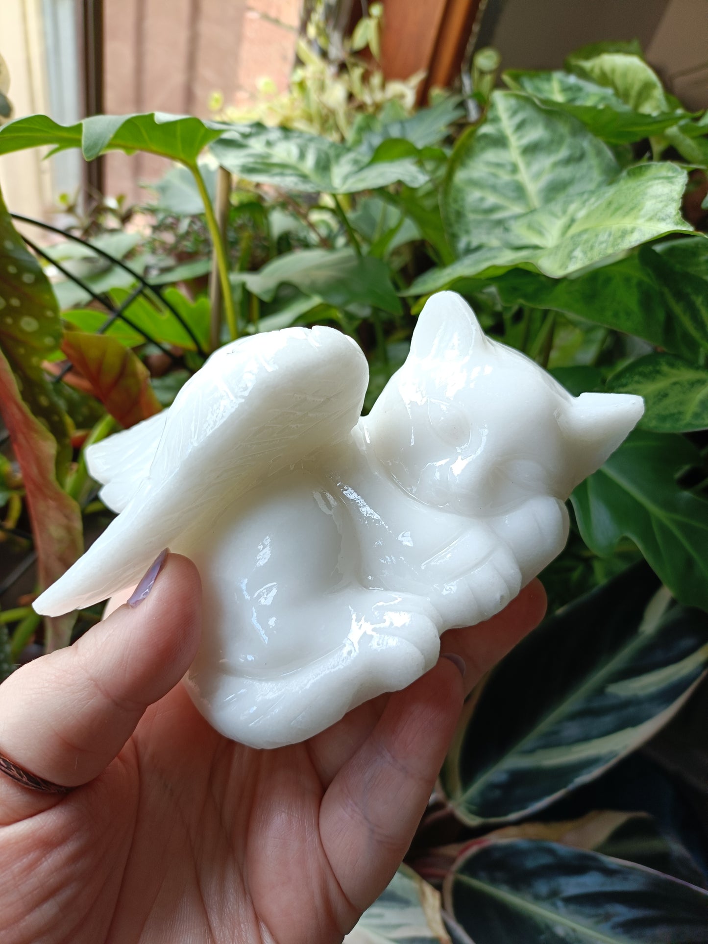 Marble 'White' Jade Sleeping Angel Cat - 806g