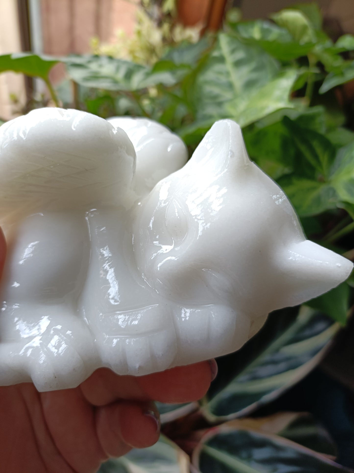 Marble 'White' Jade Sleeping Angel Cat - 806g