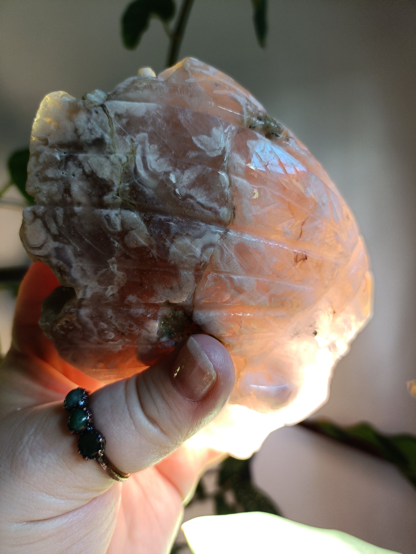Pink Amethyst Skull with Feathered Headdress Carving - 942g