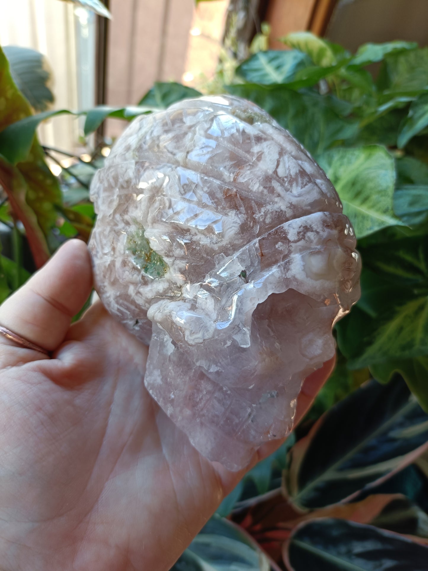 Pink Amethyst Skull with Feathered Headdress Carving - 942g