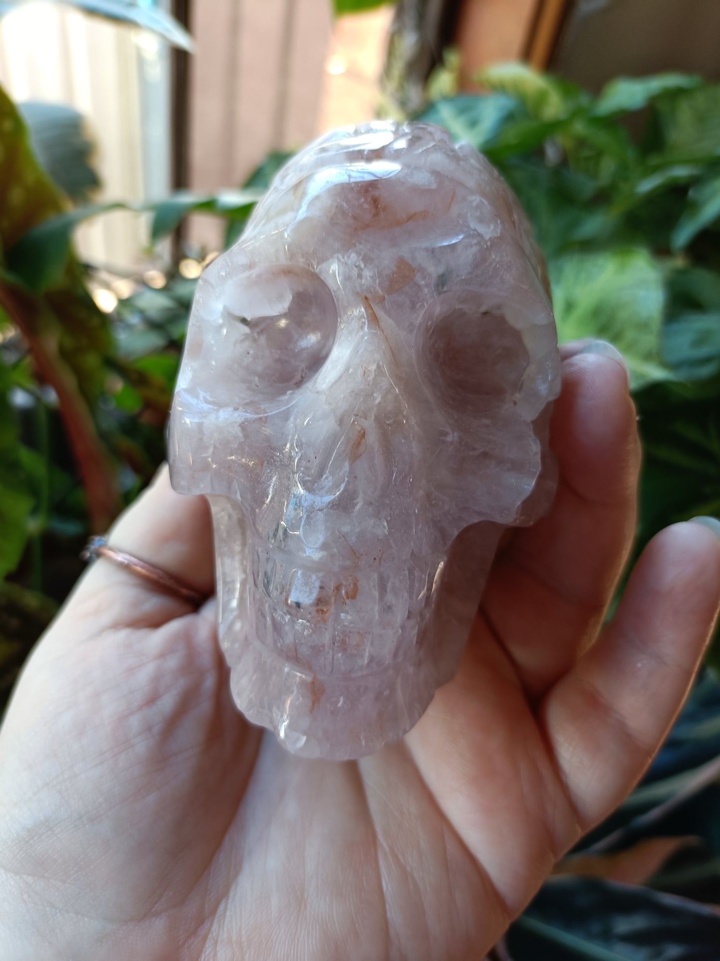 Pink Amethyst Skull with Feathered Headdress Carving - 942g