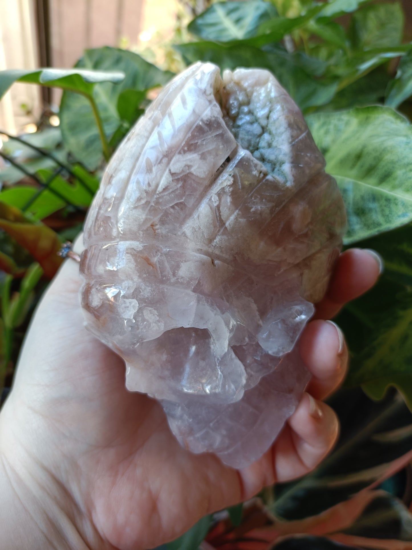 Pink Amethyst Skull with Feathered Headdress Carving - 942g