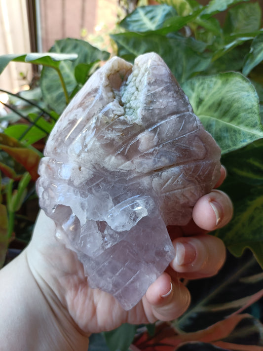 Pink Amethyst Skull with Feathered Headdress Carving - 942g