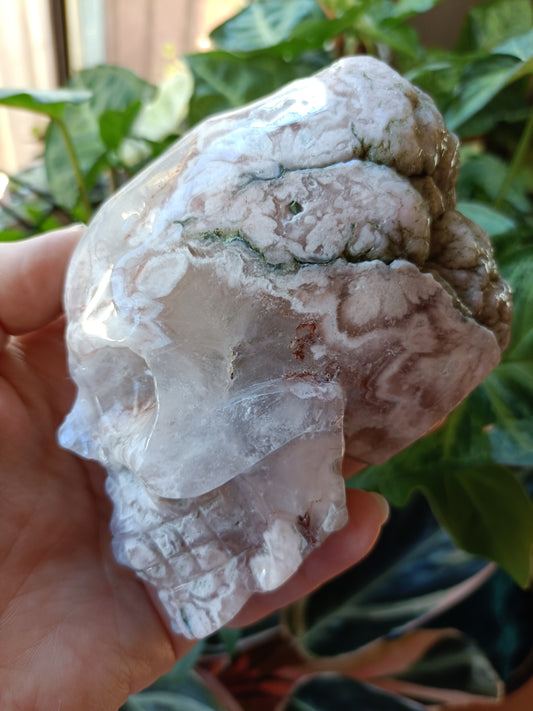 Pink Amethyst Skull with Feathered Headdress Carving - 687g