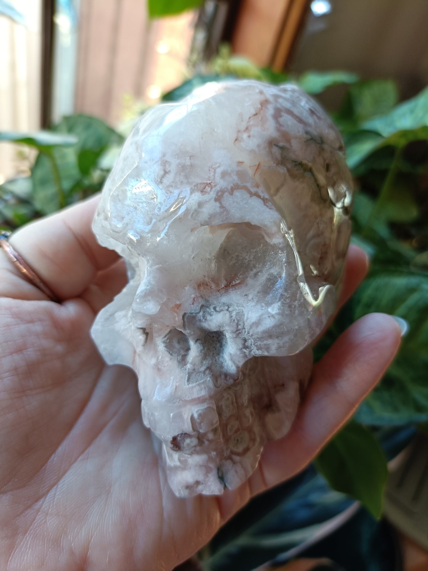 Pink Amethyst Skull with Feathered Headdress Carving - 687g