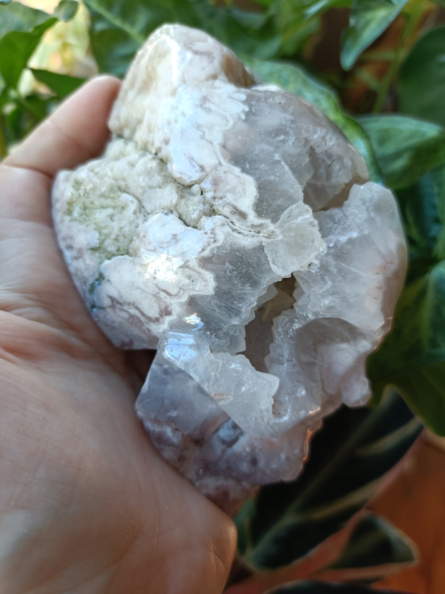 Pink Amethyst Skull with Feathered Headdress Carving - 687g