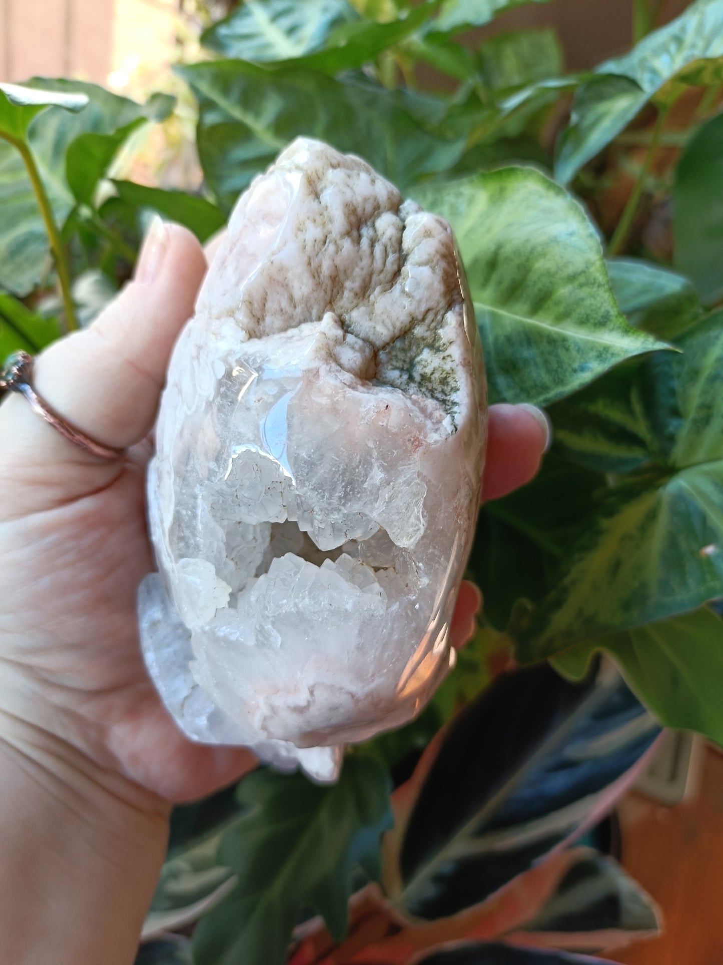 Pink Amethyst Skull with Feathered Headdress Carving - 687g
