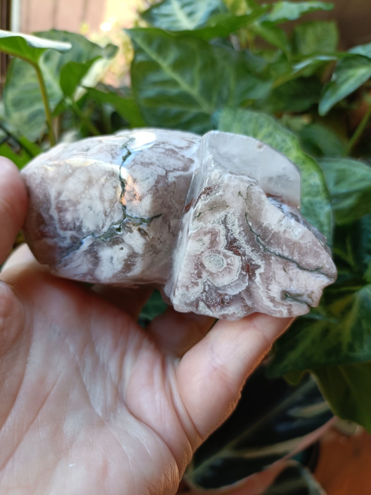 Pink Amethyst Skull with Feathered Headdress Carving - 687g