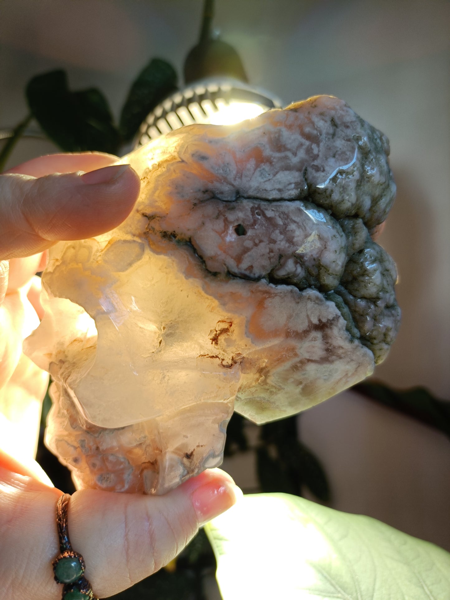 Pink Amethyst Skull with Feathered Headdress Carving - 687g