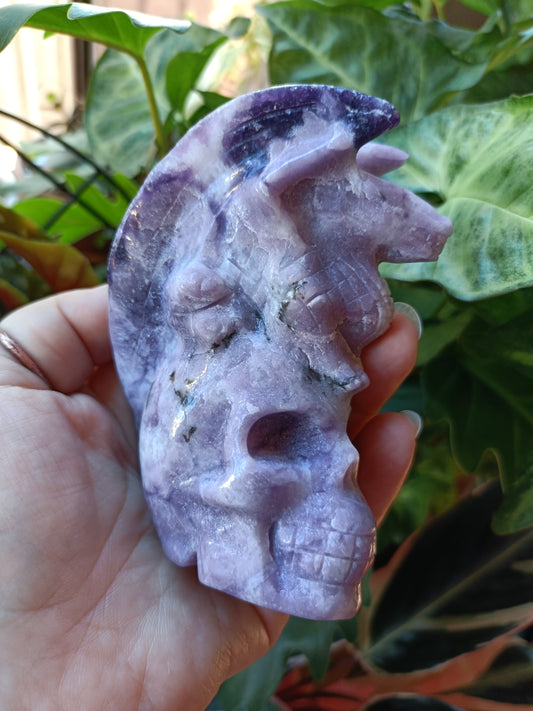Lepidolite Dragon on Skull Carving - 416g