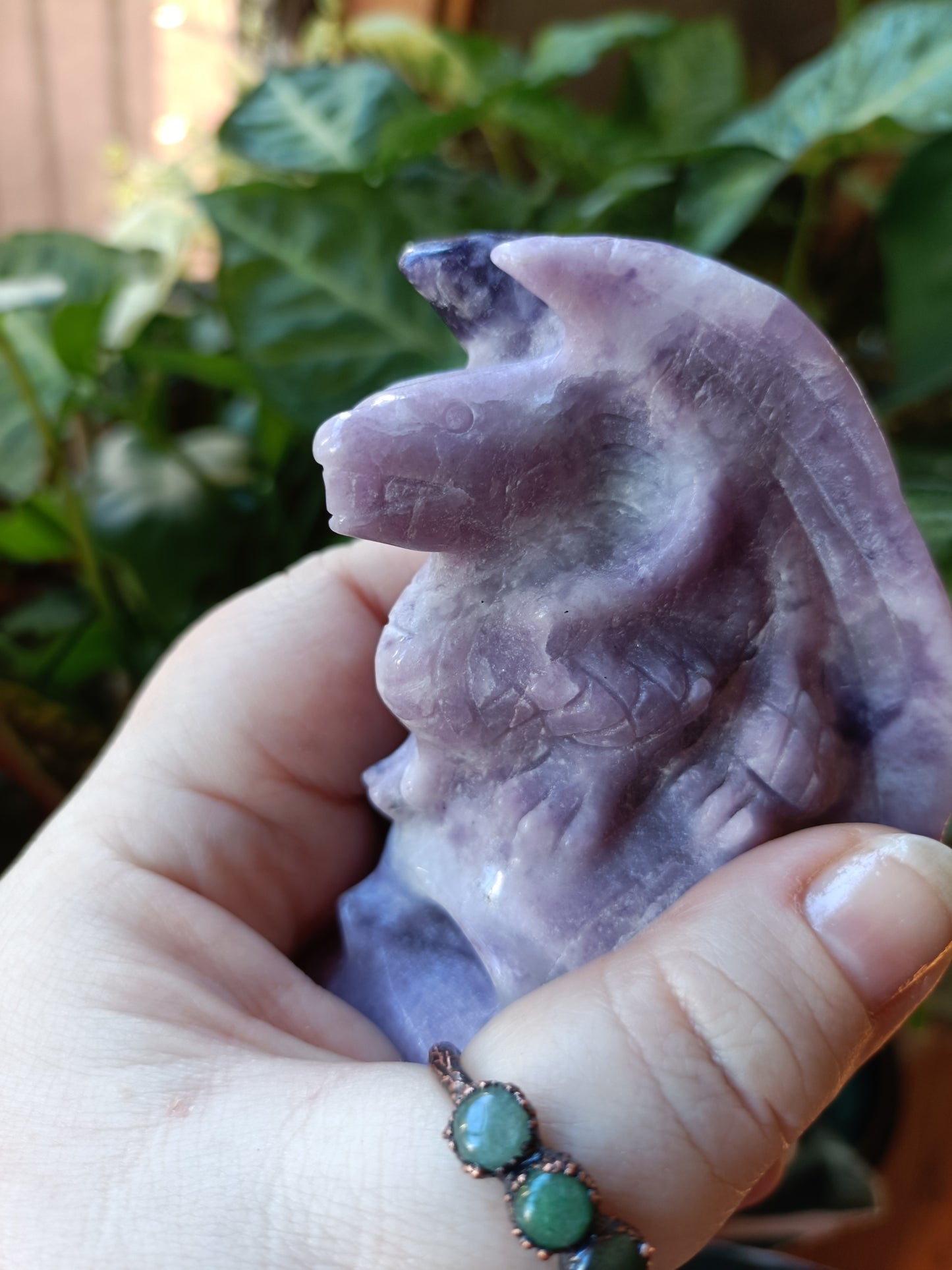 Lepidolite Dragon on Skull Carving - 416g