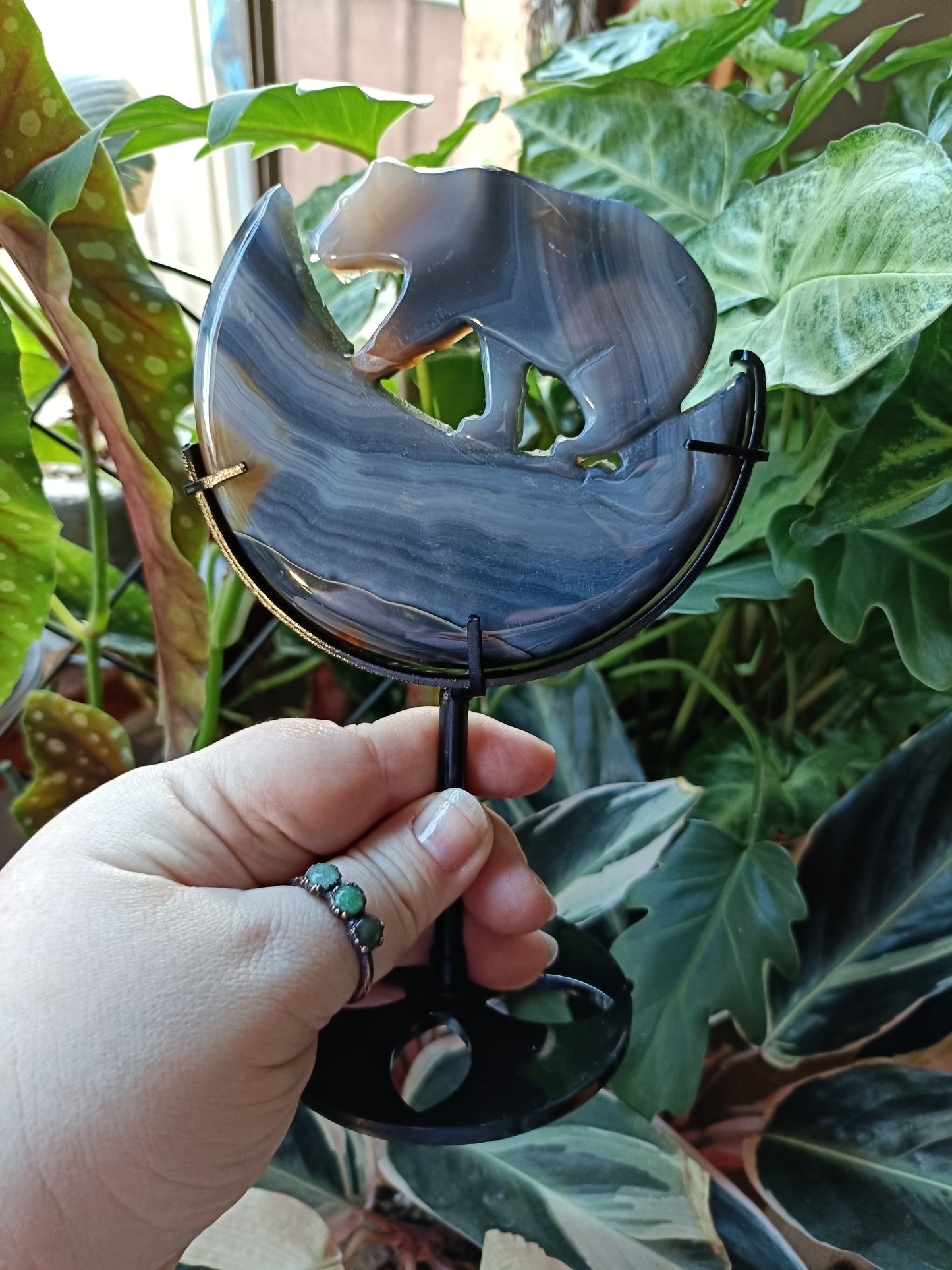 Agate Bear & Moon Carving with Custom Stand - 213g