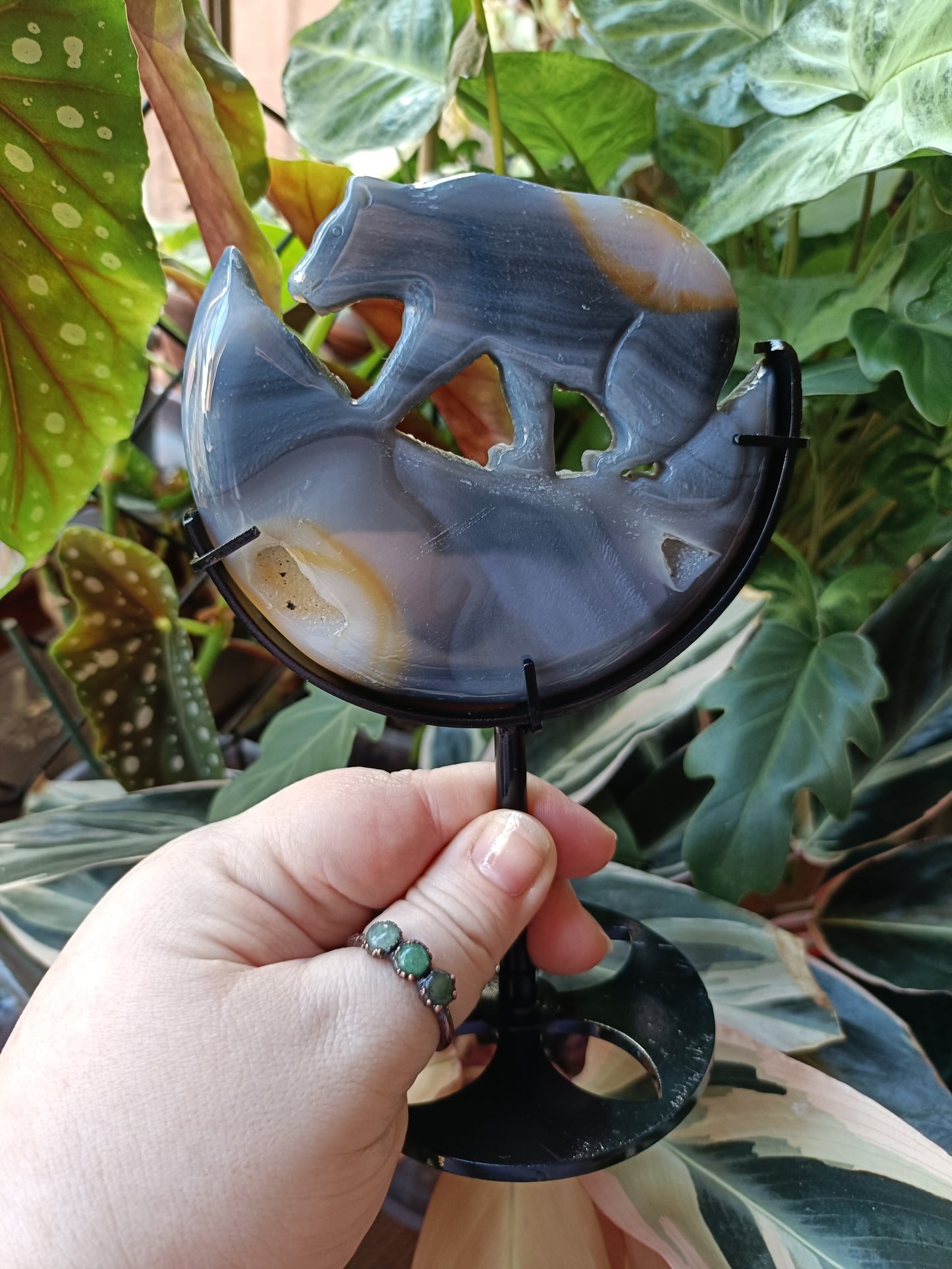 Agate Bear & Moon Carving with Custom Stand - 192g