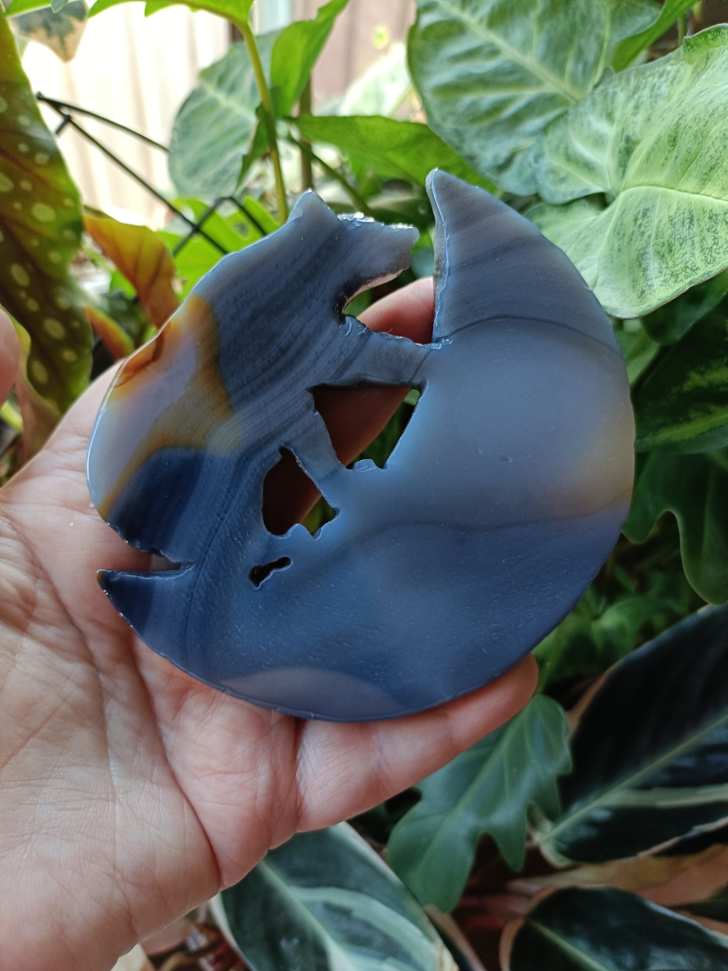 Agate Bear & Moon Carving with Custom Stand - 192g