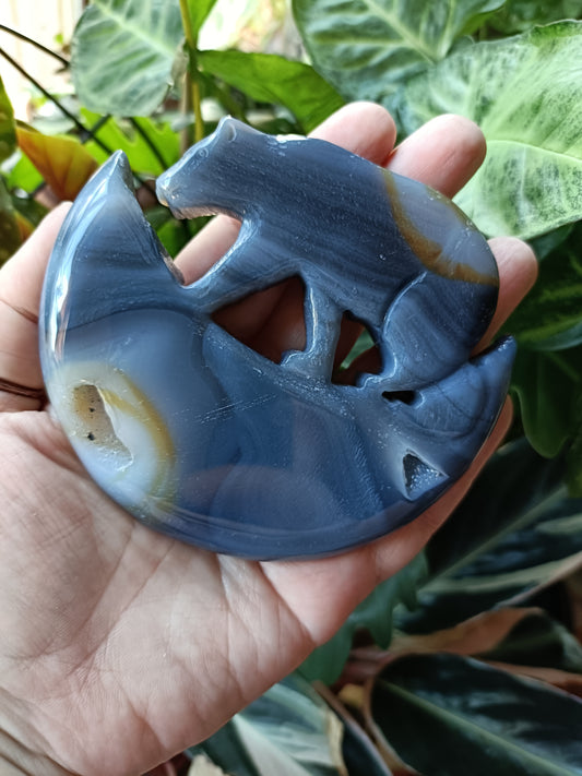 Agate Bear & Moon Carving with Custom Stand - 192g