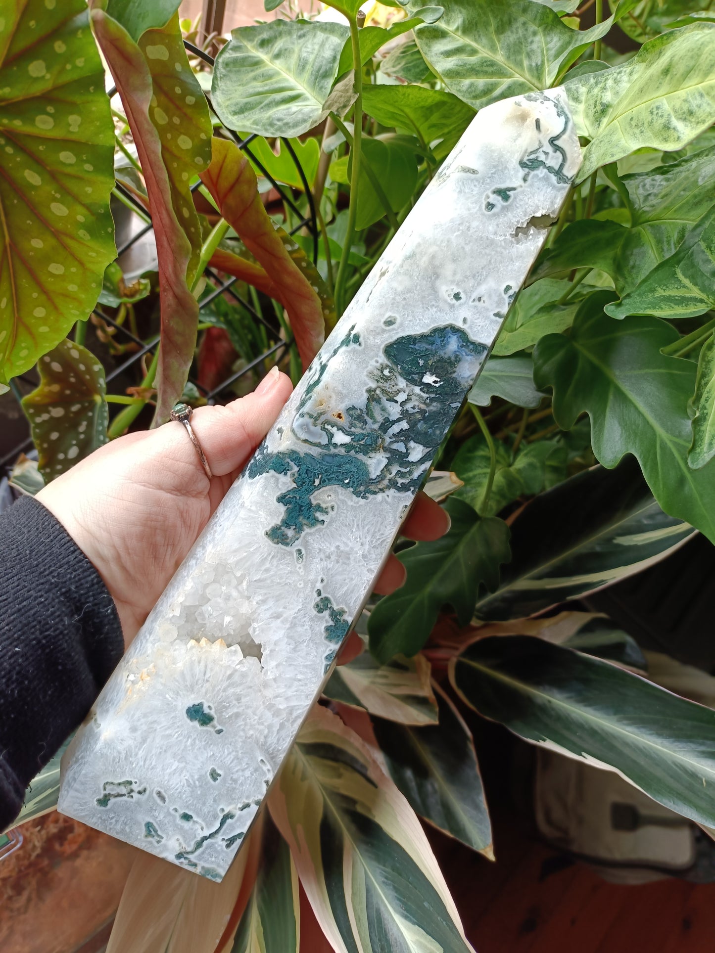 Moss Agate + Druzy Quartz Tower - 1416g