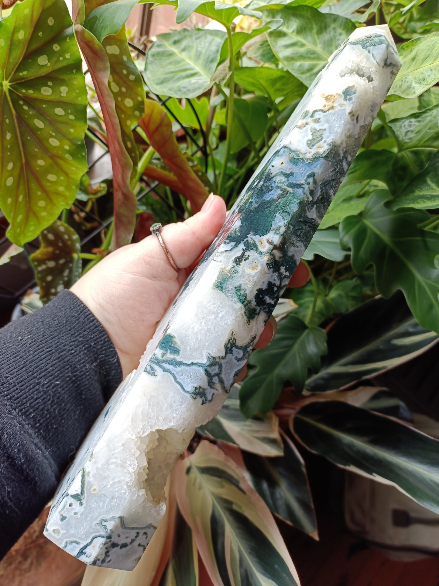 Moss Agate + Druzy Quartz Tower - 1416g