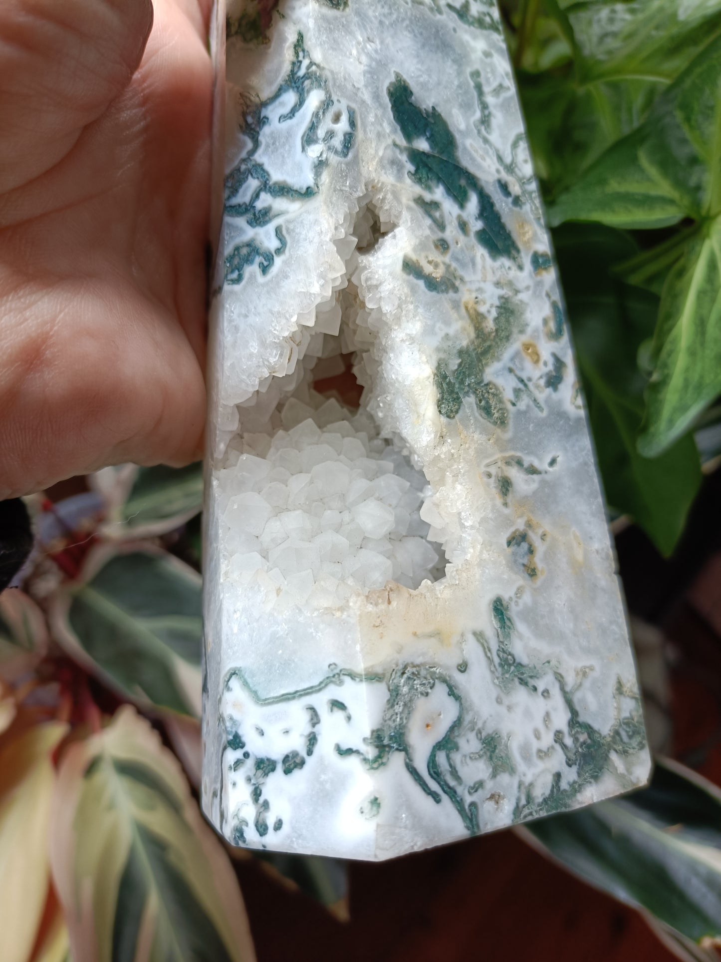 Moss Agate + Druzy Quartz Tower - 1416g