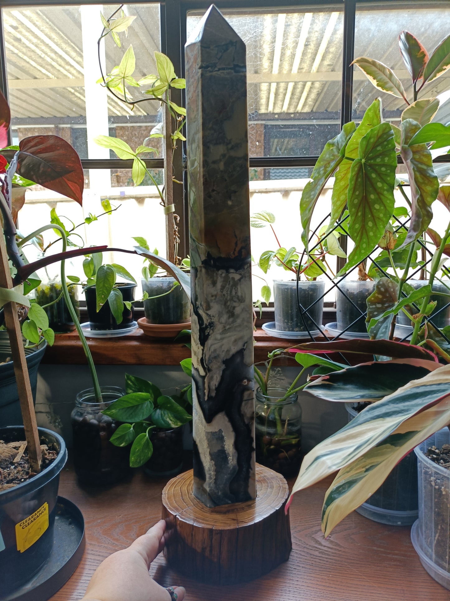 Volcanic Agate & Quartz Tower + Custom Wood Stand - 6kg