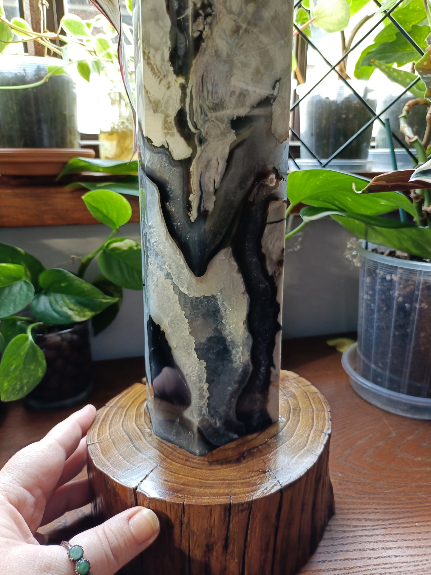 Volcanic Agate & Quartz Tower + Custom Wood Stand - 6kg