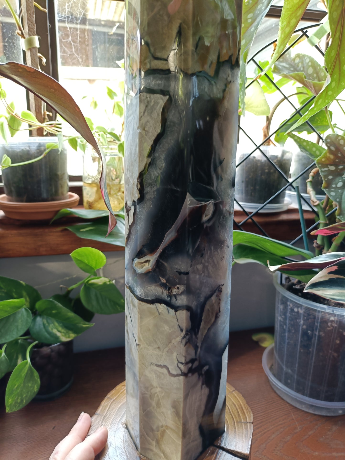 Volcanic Agate & Quartz Tower + Custom Wood Stand - 6kg