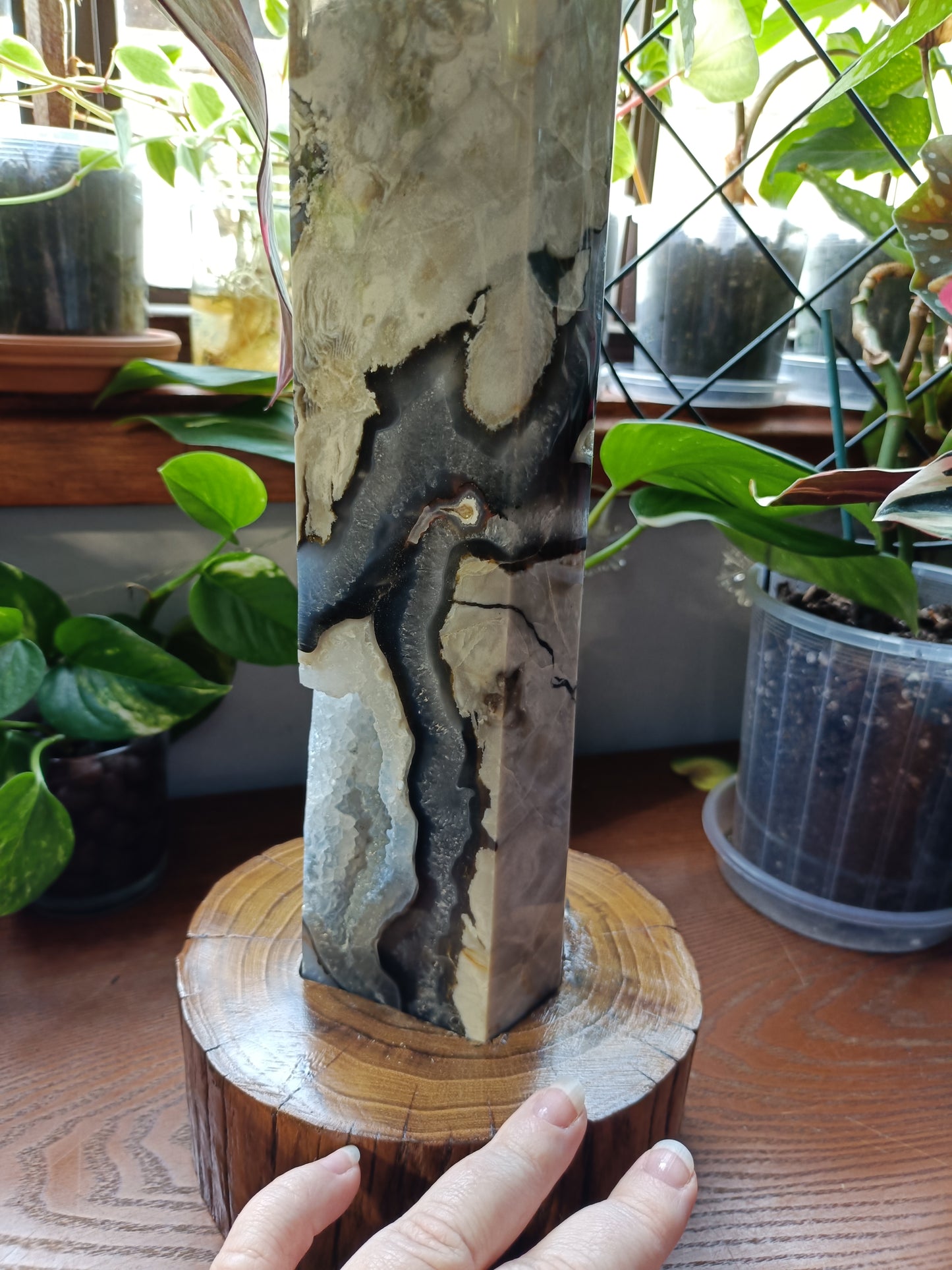 Volcanic Agate & Quartz Tower + Custom Wood Stand - 6kg