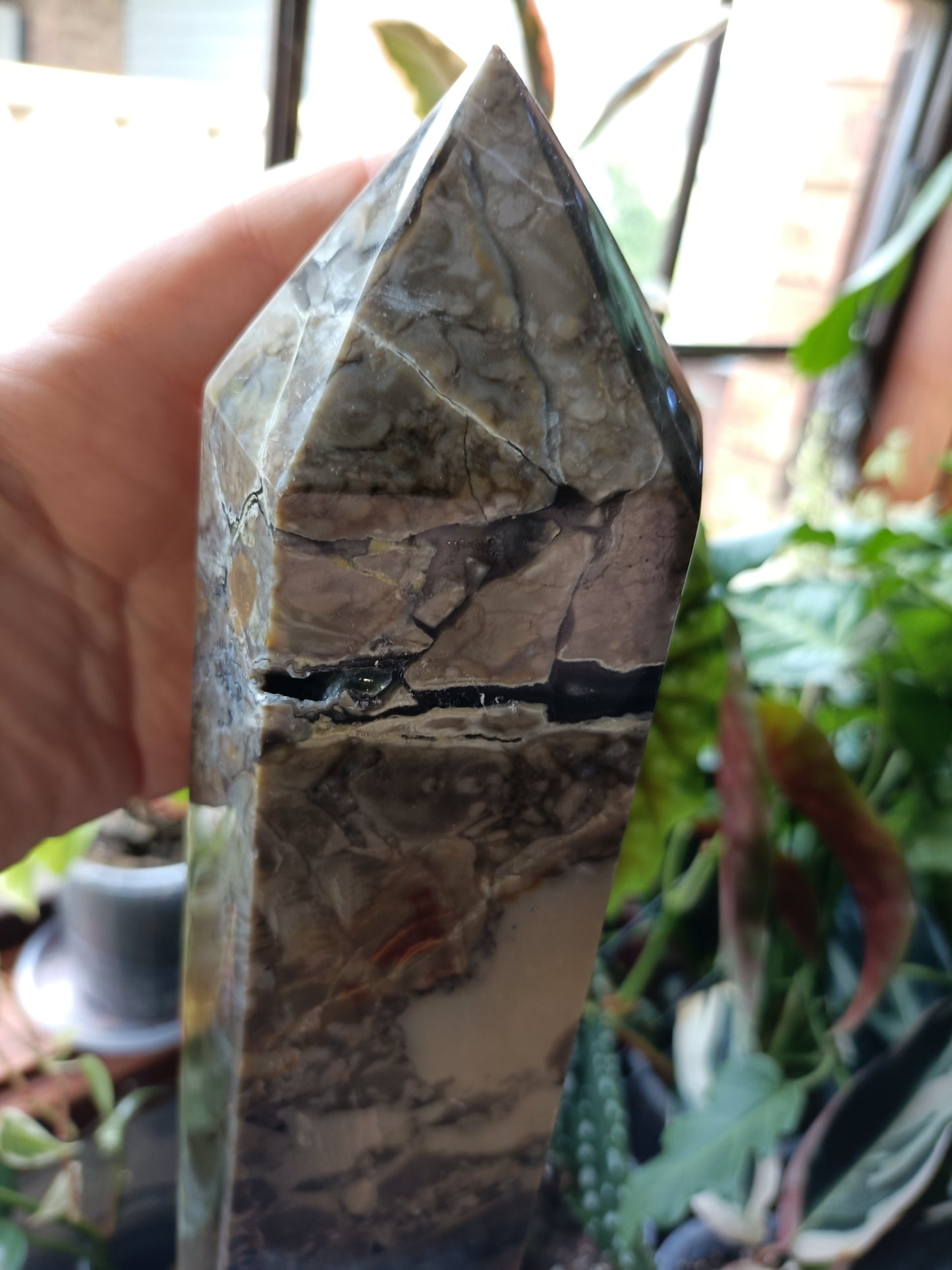 Volcanic Agate & Quartz Tower + Custom Wood Stand - 6kg