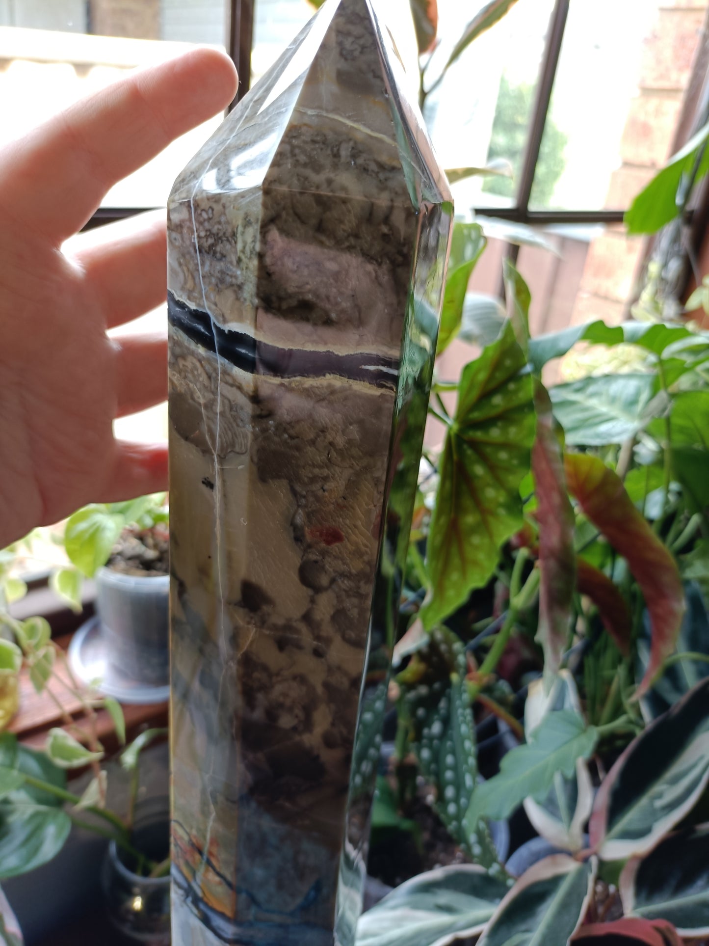 Volcanic Agate & Quartz Tower + Custom Wood Stand - 6kg