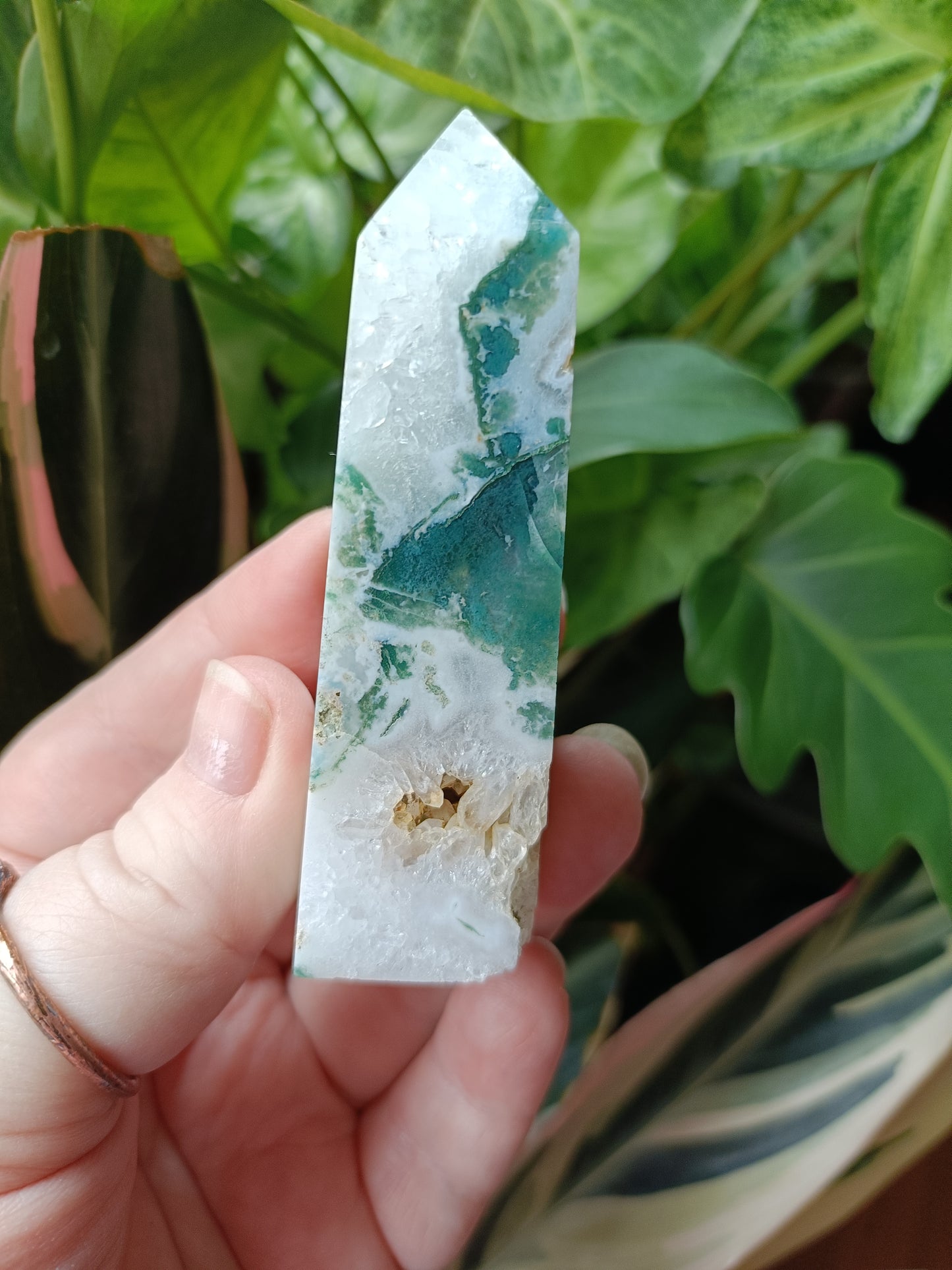 Moss Agate + Druzy Quartz Tower - 80-90g