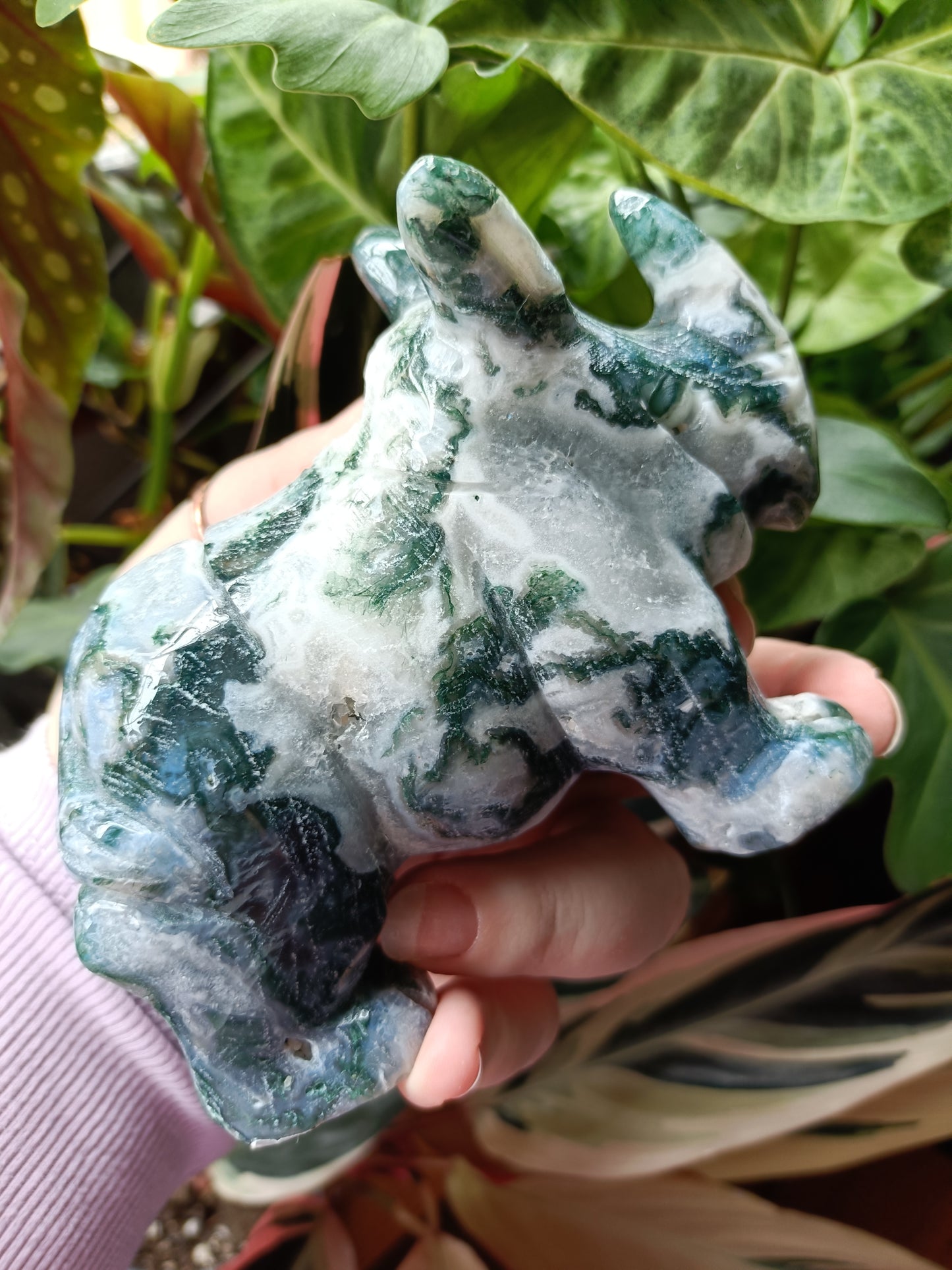 Moss Agate Rhino Carving - 673g
