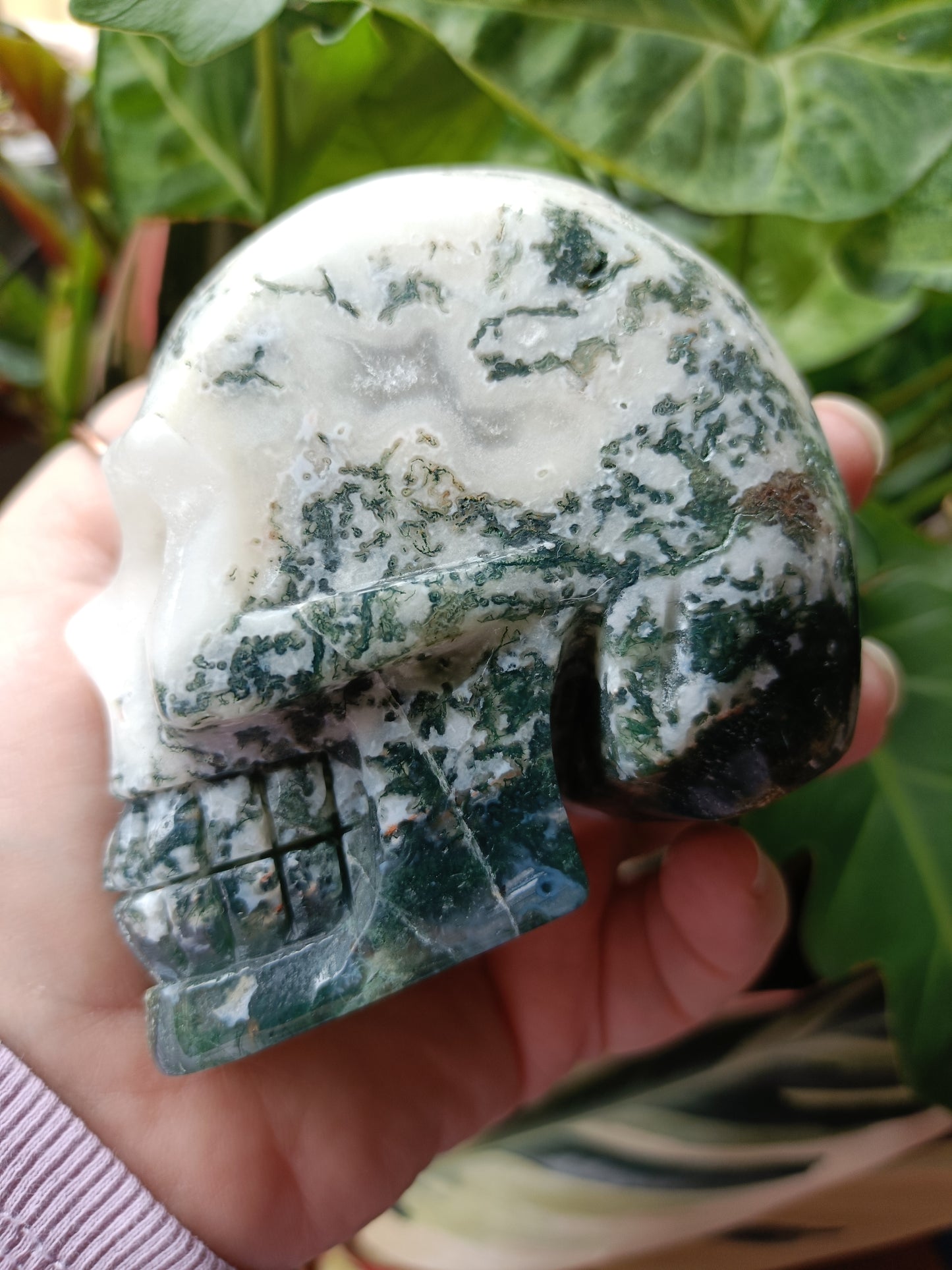 Moss Agate Skull Carving - 550g