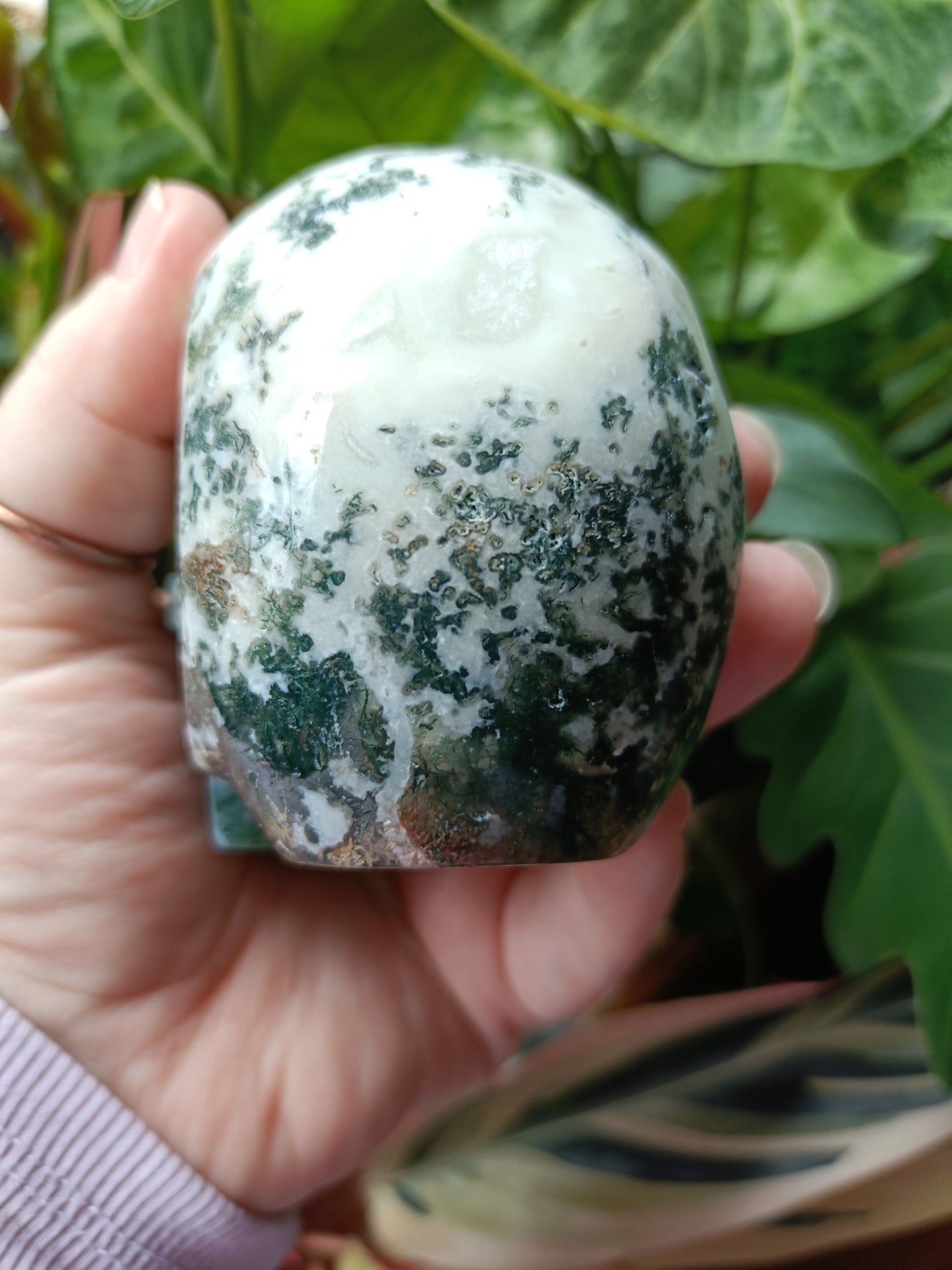 Moss Agate Skull Carving - 550g
