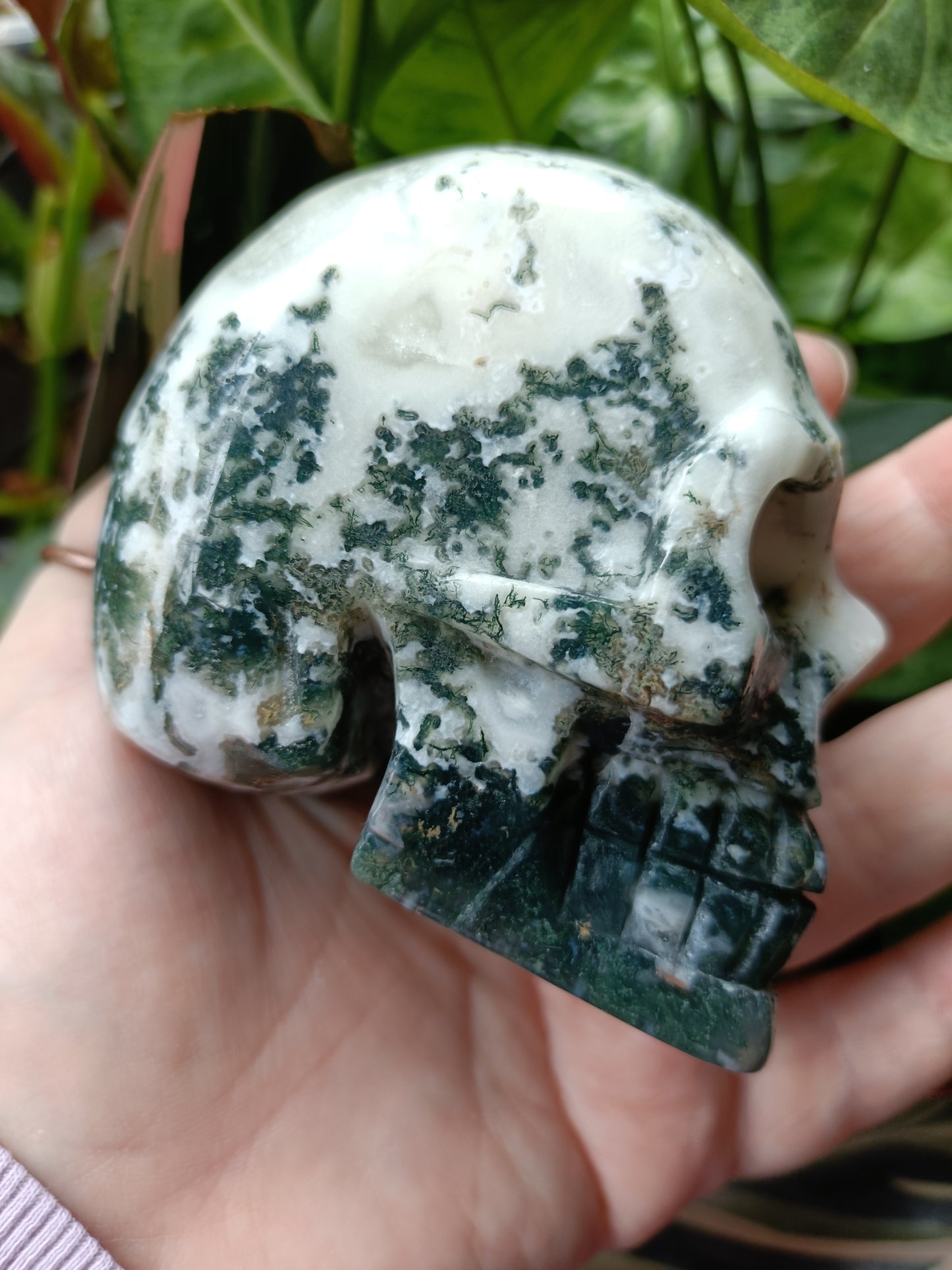 Moss Agate Skull Carving - 550g