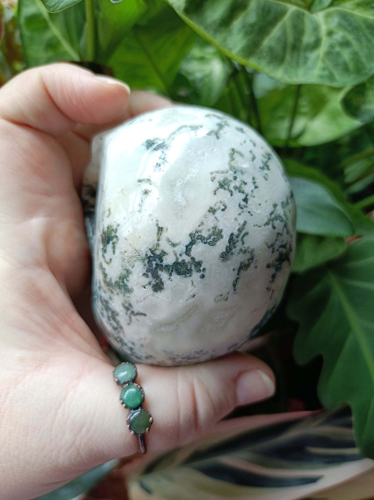 Moss Agate Skull Carving - 550g