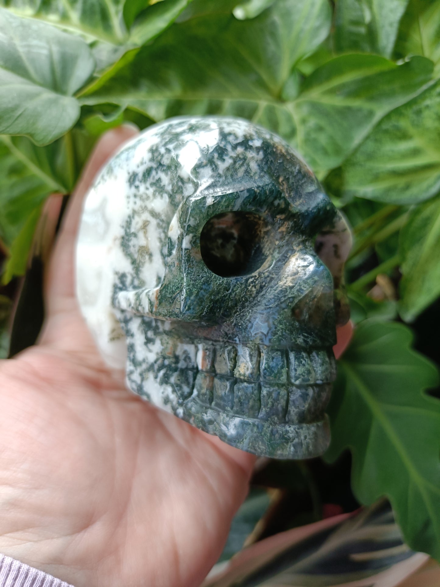 Moss Agate Skull Carving - 653g