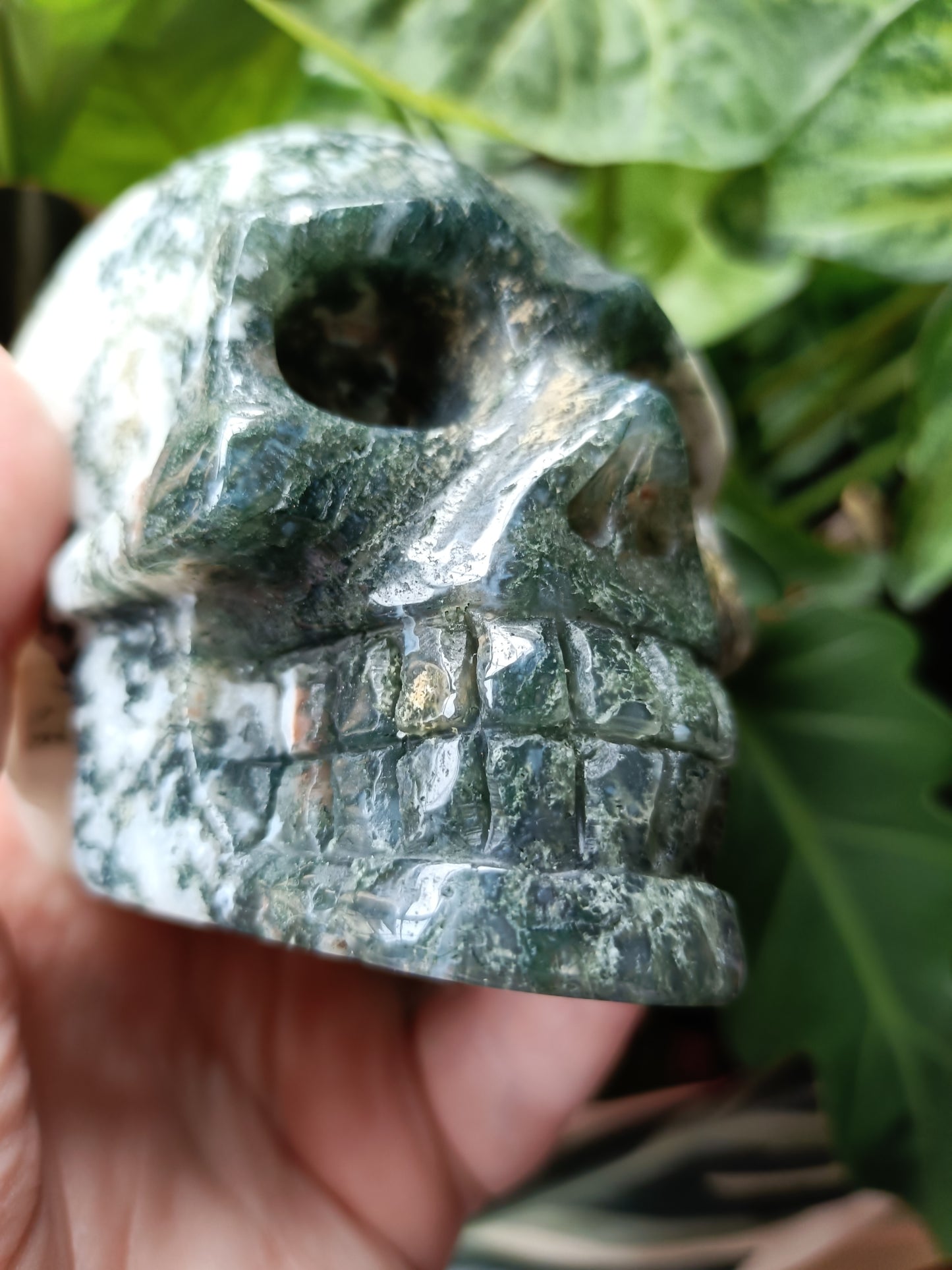 Moss Agate Skull Carving - 653g