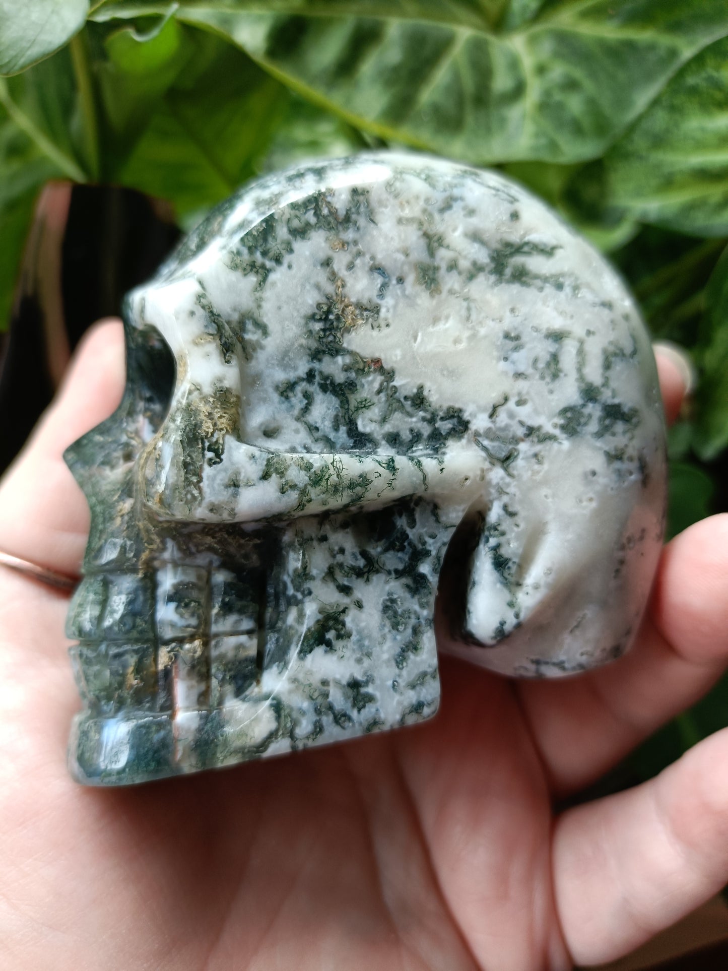 Moss Agate Skull Carving - 653g